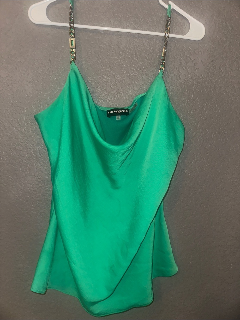 KARL LAGERFELD Emerald Green Cowl Neck Camisole with Chain Straps - Picture 4 of 8
